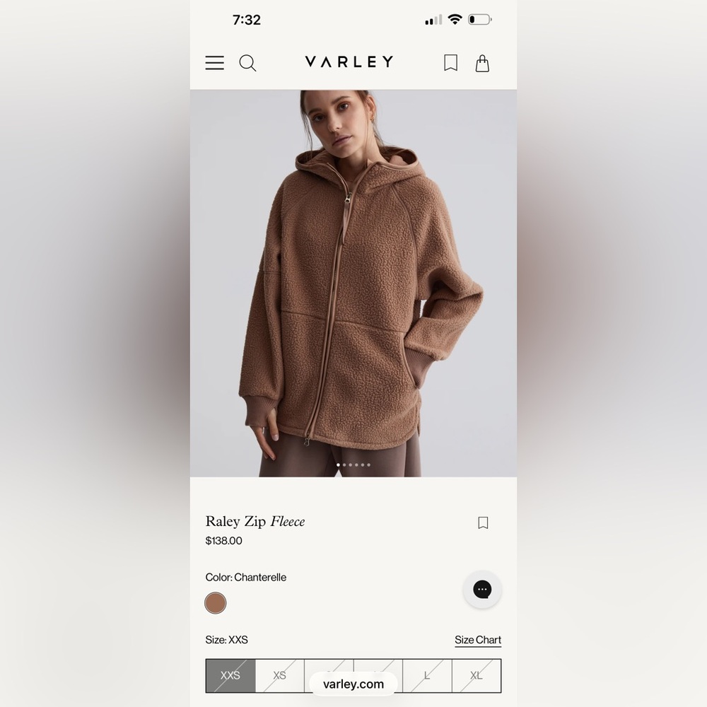 NWT Varley Raley Zip Fleece Hooded Jacket - Small - Chanterelle Brown